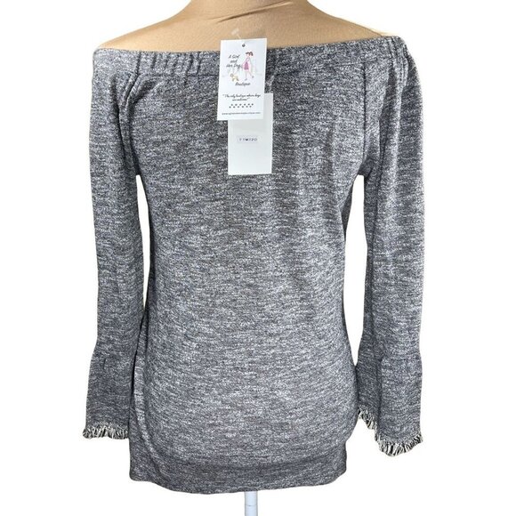 New THML Heather Black White  Off Shoulder Fringe Sweater Size S Small - Picture 4 of 12